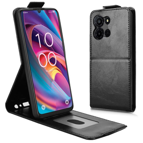 For TCL K33 5G  /  K32 5G Stand Case Magnetic Clasp Vertical Flip Leather Phone Cover with Card Holder - Black - 1