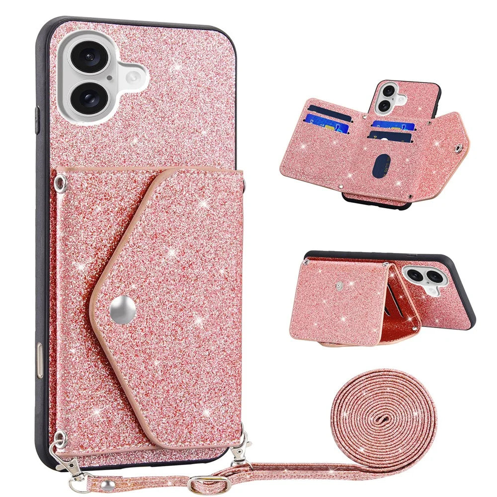 For iPhone 17 Case Card Holder Kickstand PU Leather + TPU Glitter Phone Cover with Shoulder Strap - Pink - 1
