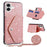 For iPhone 17 Case Card Holder Kickstand PU Leather + TPU Glitter Phone Cover with Shoulder Strap - Pink - 1