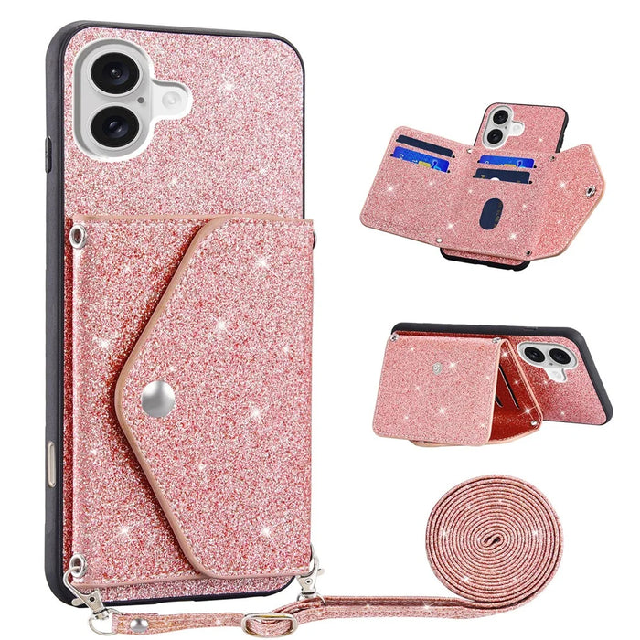 For iPhone 17 Case Card Holder Kickstand PU Leather + TPU Glitter Phone Cover with Shoulder Strap - Pink - 1