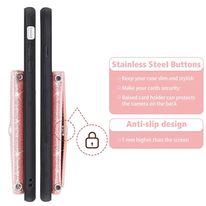 For iPhone 17 Case Card Holder Kickstand PU Leather + TPU Glitter Phone Cover with Shoulder Strap - Pink - 2