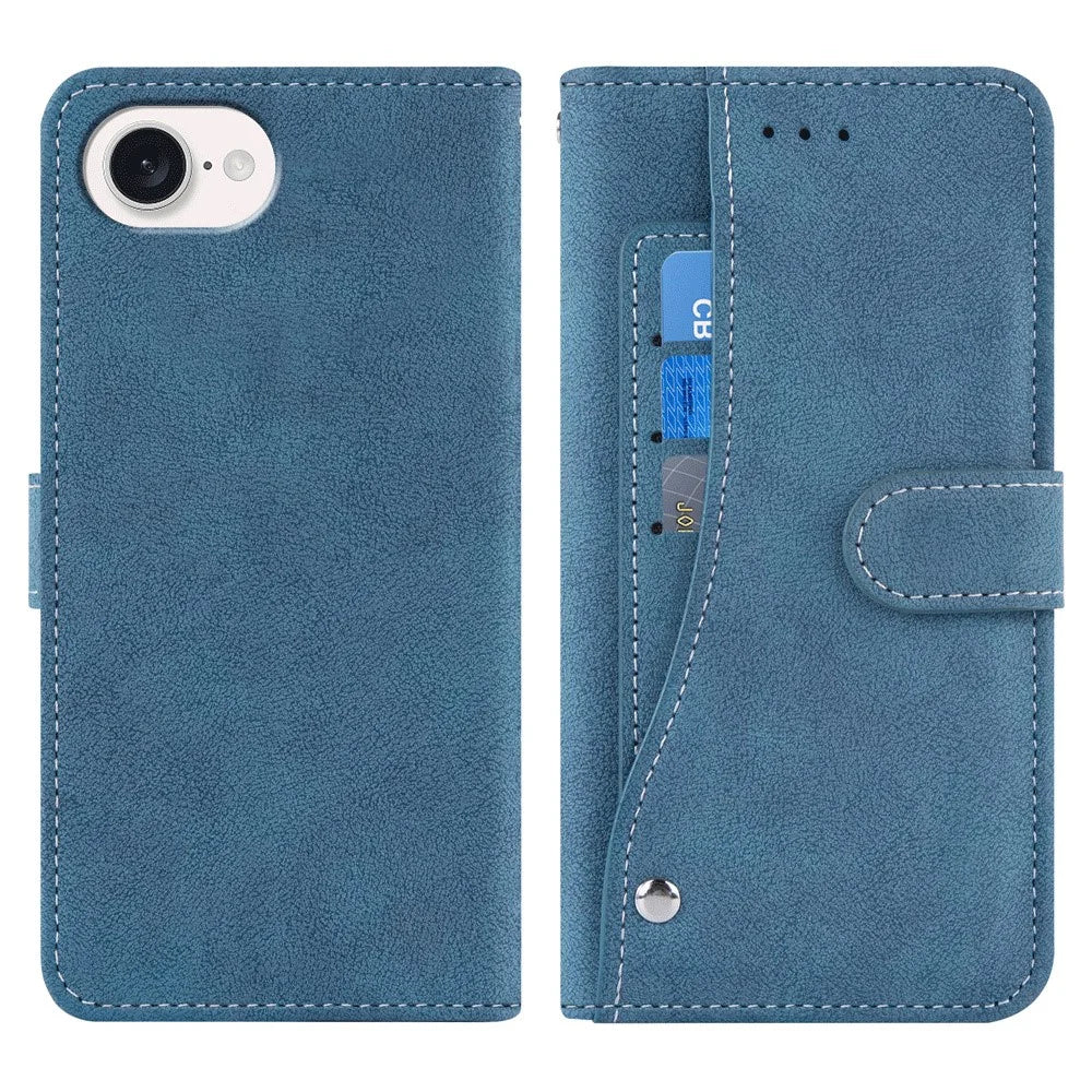 For iPhone 17e / 16e Case Retro PU Leather Wallet Phone Cover with Rotating Card Slots Holder - Blue - 1