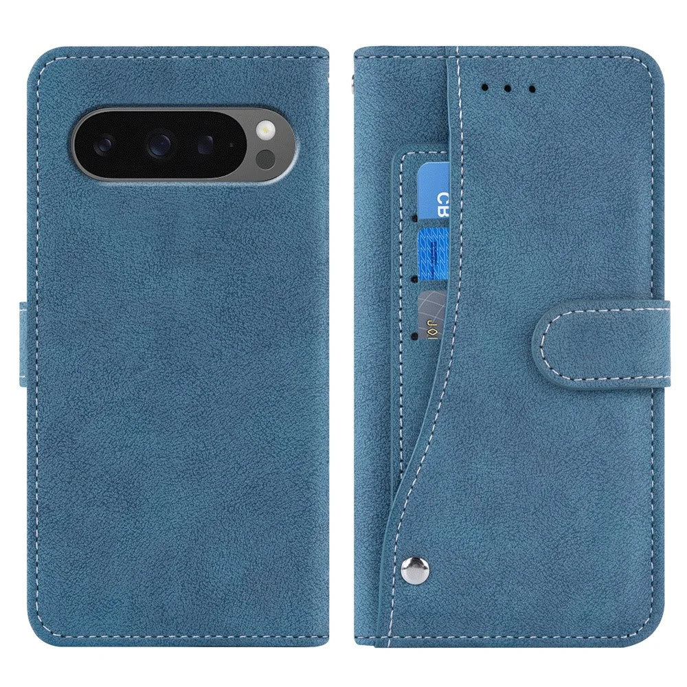 For Google Pixel 10 Pro XL / 9 Pro XL Case Retro PU Leather Wallet Phone Cover with Rotating Card Slots Holder - Blue - 1