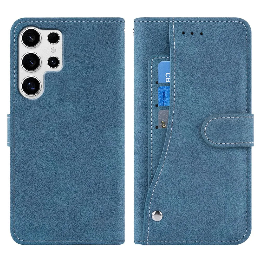 For Samsung Galaxy S25 Ultra Case Retro PU Leather Wallet Phone Cover with Rotating Card Slots Holder - Blue - 1