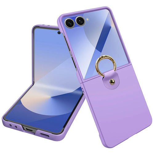 For Samsung Galaxy Z Flip7 5G Case Skin-Touch Ring Holder Kickstand PC Phone Cover with Rear Screen Film - Purple - 1