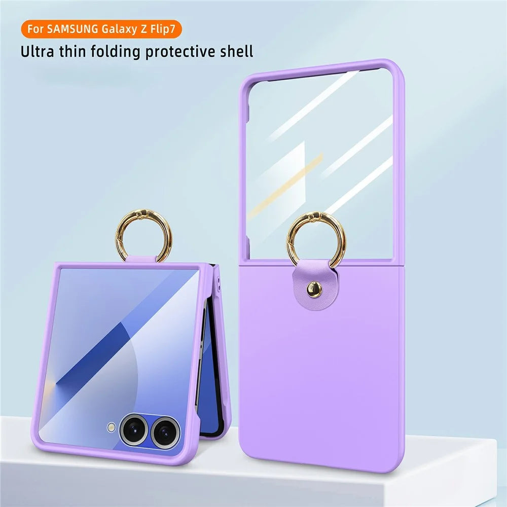 For Samsung Galaxy Z Flip7 5G Case Skin-Touch Ring Holder Kickstand PC Phone Cover with Rear Screen Film - Purple - 2