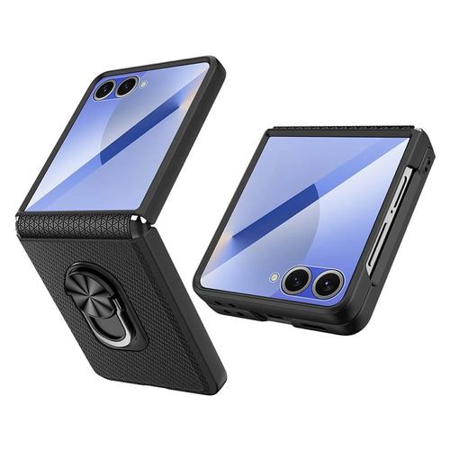 For Samsung Galaxy Z Flip7 5G Case Ring Kickstand Leather PC Phone Cover with Tempered Glass Rear Screen Film - Wheat Black - 1