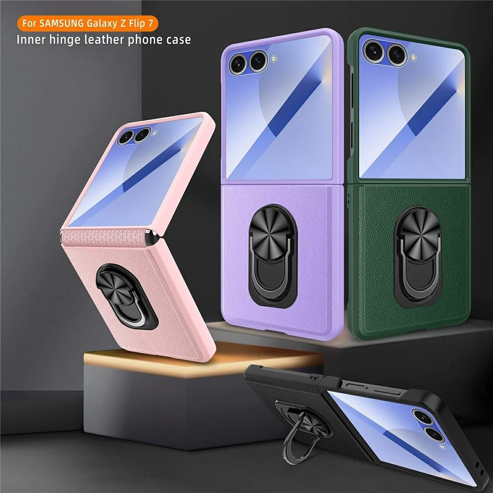 For Samsung Galaxy Z Flip7 5G Case Ring Kickstand Leather PC Phone Cover with Tempered Glass Rear Screen Film - Wheat Black - 2