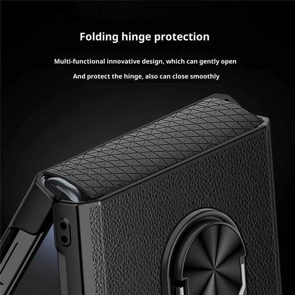 For Samsung Galaxy Z Flip7 5G Case Ring Kickstand Leather PC Phone Cover with Tempered Glass Rear Screen Film - Wheat Black - 3