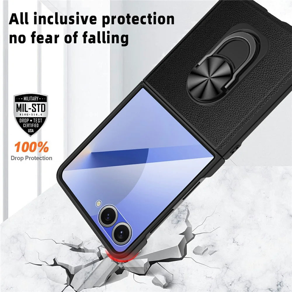 For Samsung Galaxy Z Flip7 5G Case Ring Kickstand Leather PC Phone Cover with Tempered Glass Rear Screen Film - Wheat Black - 4