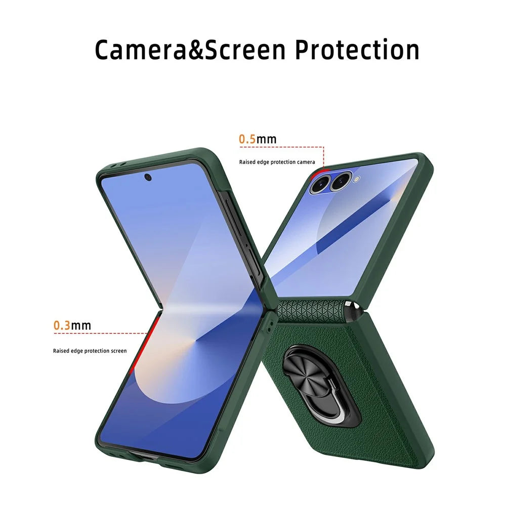 For Samsung Galaxy Z Flip7 5G Case Ring Kickstand Leather PC Phone Cover with Tempered Glass Rear Screen Film - Wheat Black - 5