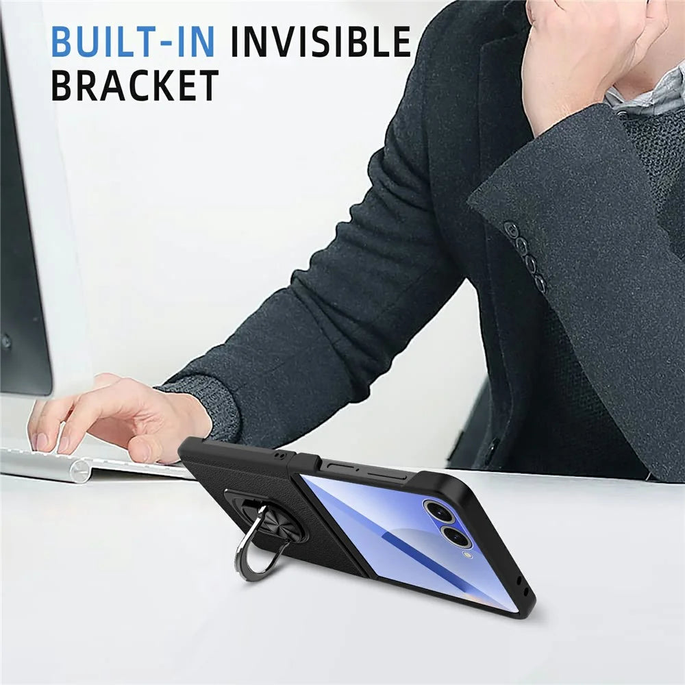For Samsung Galaxy Z Flip7 5G Case Ring Kickstand Leather PC Phone Cover with Tempered Glass Rear Screen Film - Wheat Black - 6