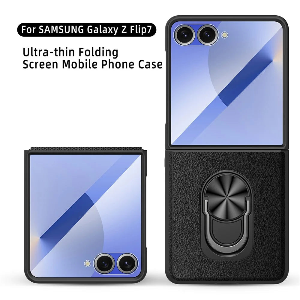 For Samsung Galaxy Z Flip7 5G Case Ring Kickstand Leather PC Phone Cover with Tempered Glass Rear Screen Film - Wheat Black - 7