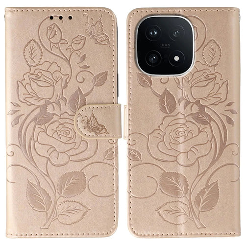 For vivo iQOO 15 5G Case Wallet Stand Imprinted Rose Butterfly PU Leather Phone Cover - Rose Gold - 1