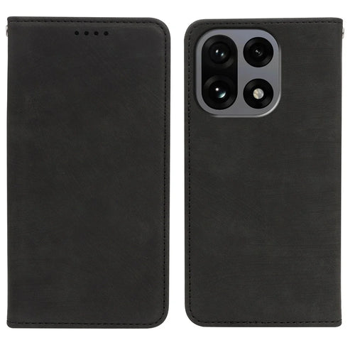 For OnePlus 15 5G Case Strong Magnetic Leather Wallet Phone Cover with Striped Texture - Black - 1