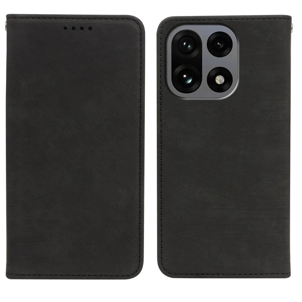 For OnePlus 15 5G Case Strong Magnetic Leather Wallet Phone Cover with Striped Texture - Black - 1
