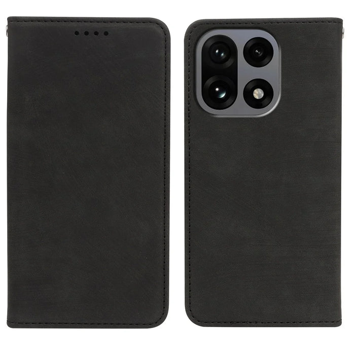 For OnePlus 15 5G Case Strong Magnetic Leather Wallet Phone Cover with Striped Texture - Black - 1