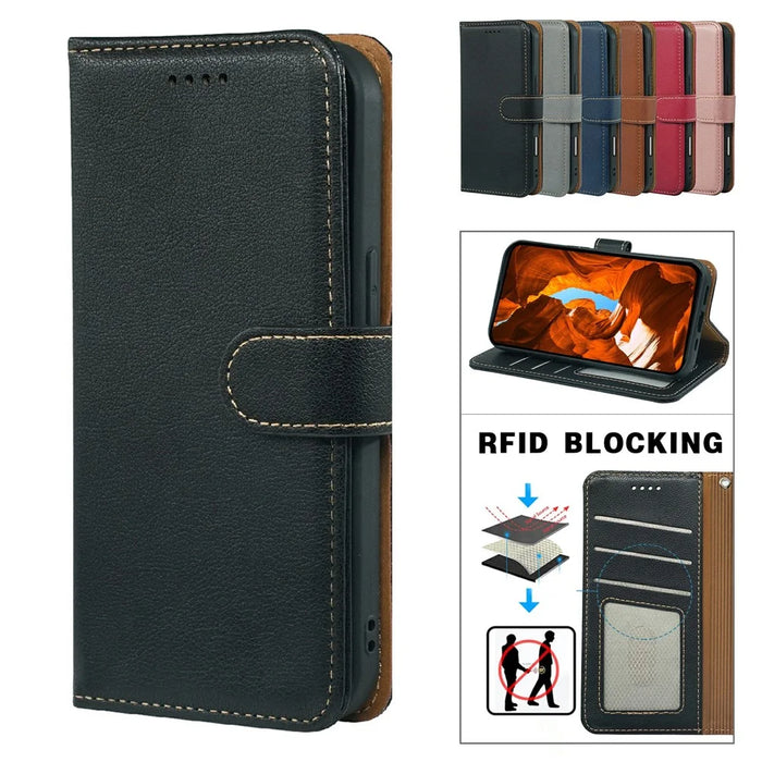 For OnePlus 15 5G Case RFID Blocking Wallet Litchi Texture Leather Phone Cover Magnetic Clasp - Black - 5