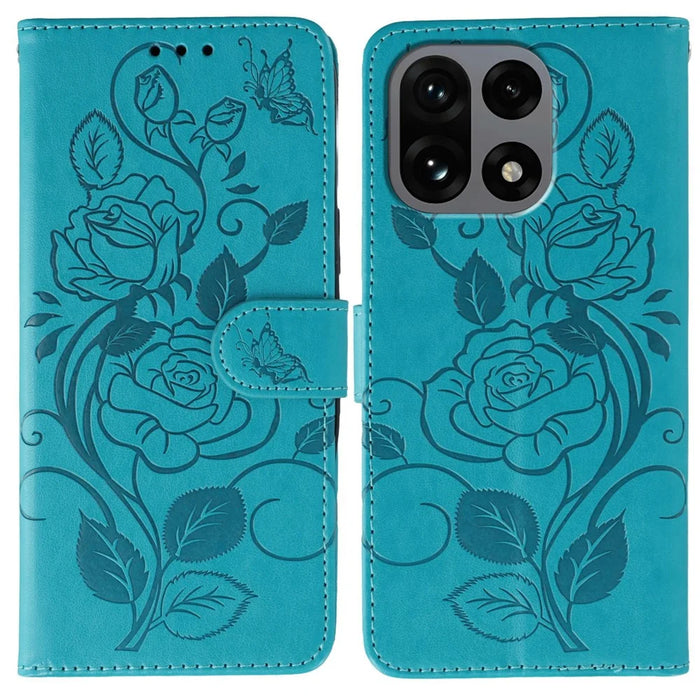 For OnePlus 15 5G Case Wallet Stand Imprinted Rose Butterfly PU Leather Phone Cover - Blue - 1