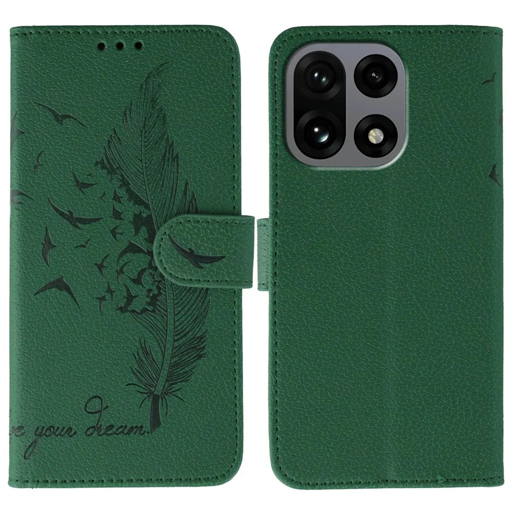 For OnePlus 15 5G Case Feather Imprint PU Leather Wallet Phone Cover - Green - 1