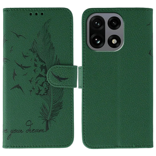 For OnePlus 15 5G Case Feather Imprint PU Leather Wallet Phone Cover - Green - 1