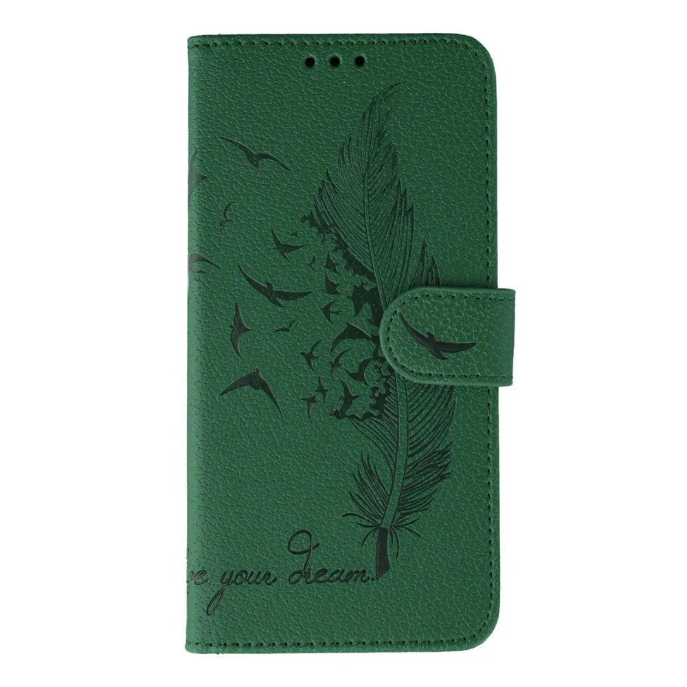 For OnePlus 15 5G Case Feather Imprint PU Leather Wallet Phone Cover - Green - 4