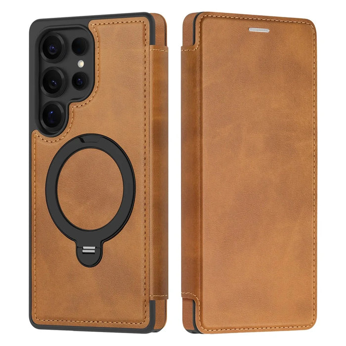 For Samsung Galaxy S25 Ultra Magnetic Case RFID Blocking Leather Wallet Cover with Rotating Ring Kickstand - Brown - 1