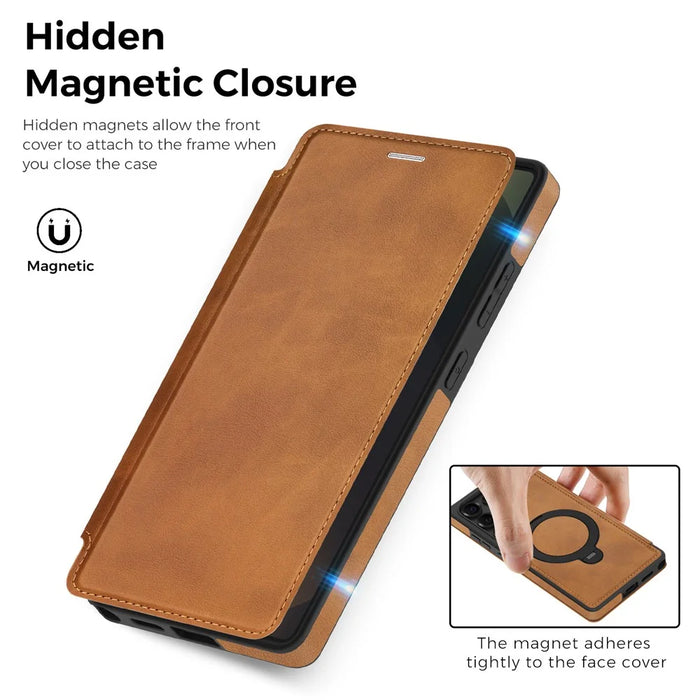 For Samsung Galaxy S25 Ultra Magnetic Case RFID Blocking Leather Wallet Cover with Rotating Ring Kickstand - Brown - 3