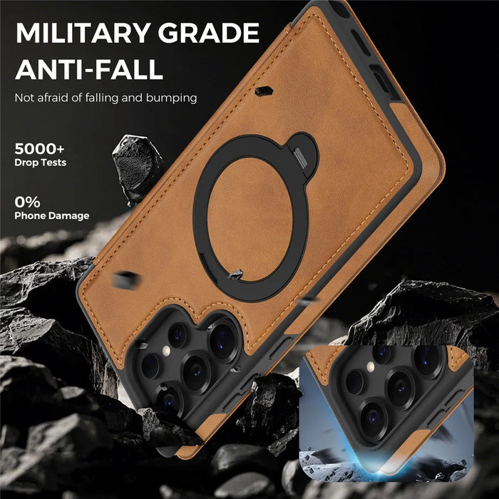 For Samsung Galaxy S25 Ultra Magnetic Case RFID Blocking Leather Wallet Cover with Rotating Ring Kickstand - Brown - 5