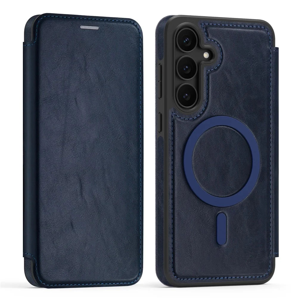 For Samsung Galaxy S25 FE Magnetic Case RFID Blocking Card Holder Leather Phone Cover - Sapphire - 1