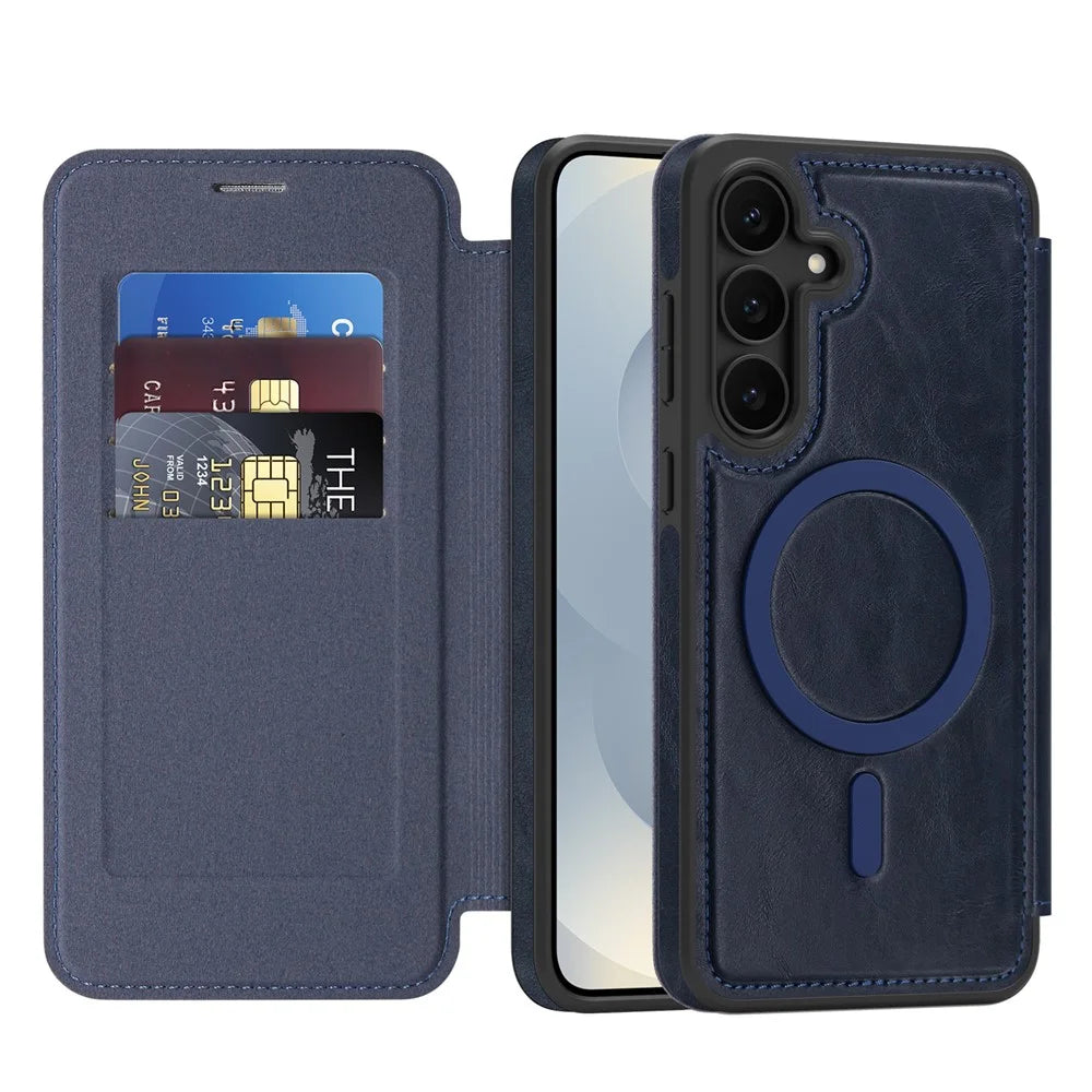 For Samsung Galaxy S25 FE Magnetic Case RFID Blocking Card Holder Leather Phone Cover - Sapphire - 2