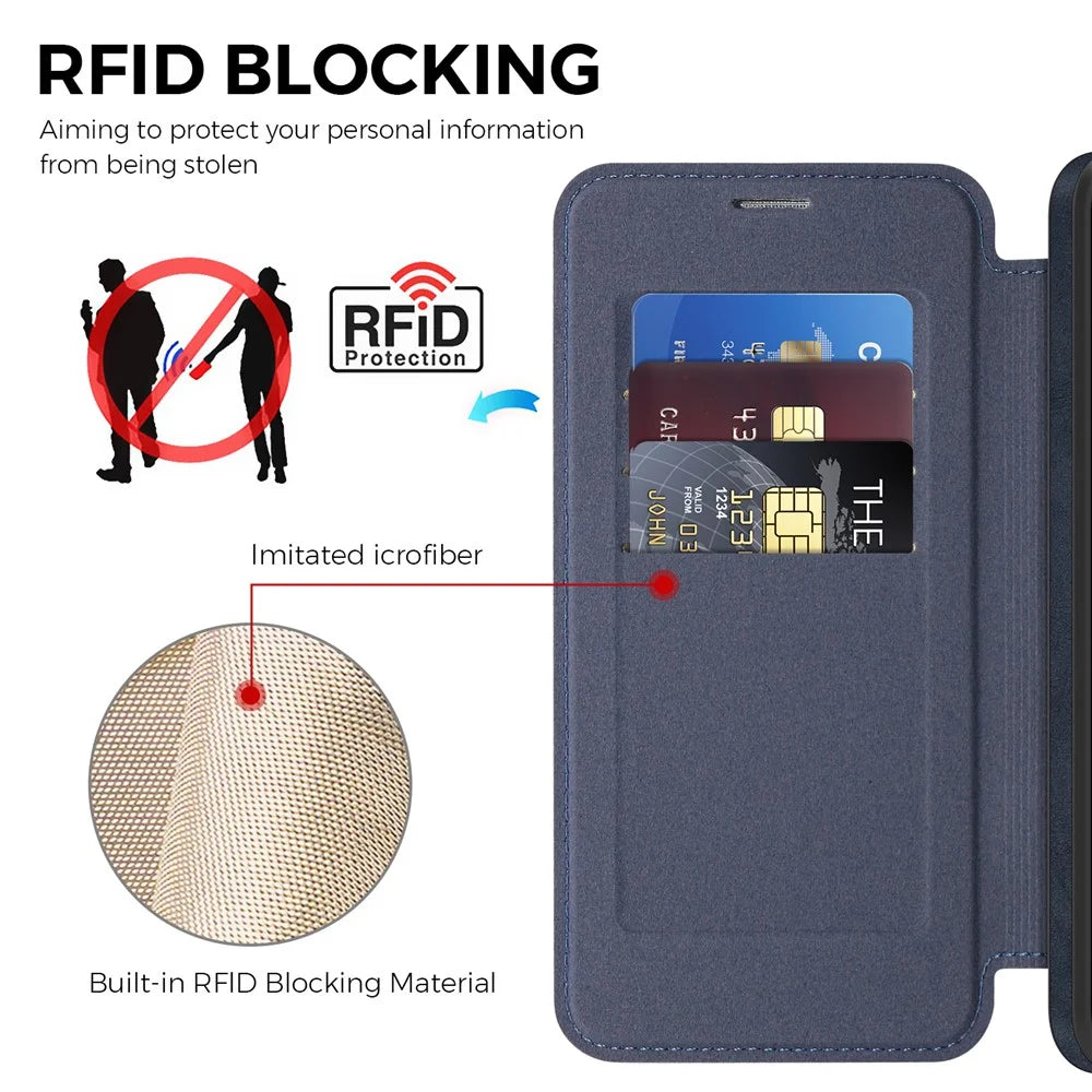 For Samsung Galaxy S25 FE Magnetic Case RFID Blocking Card Holder Leather Phone Cover - Sapphire - 5