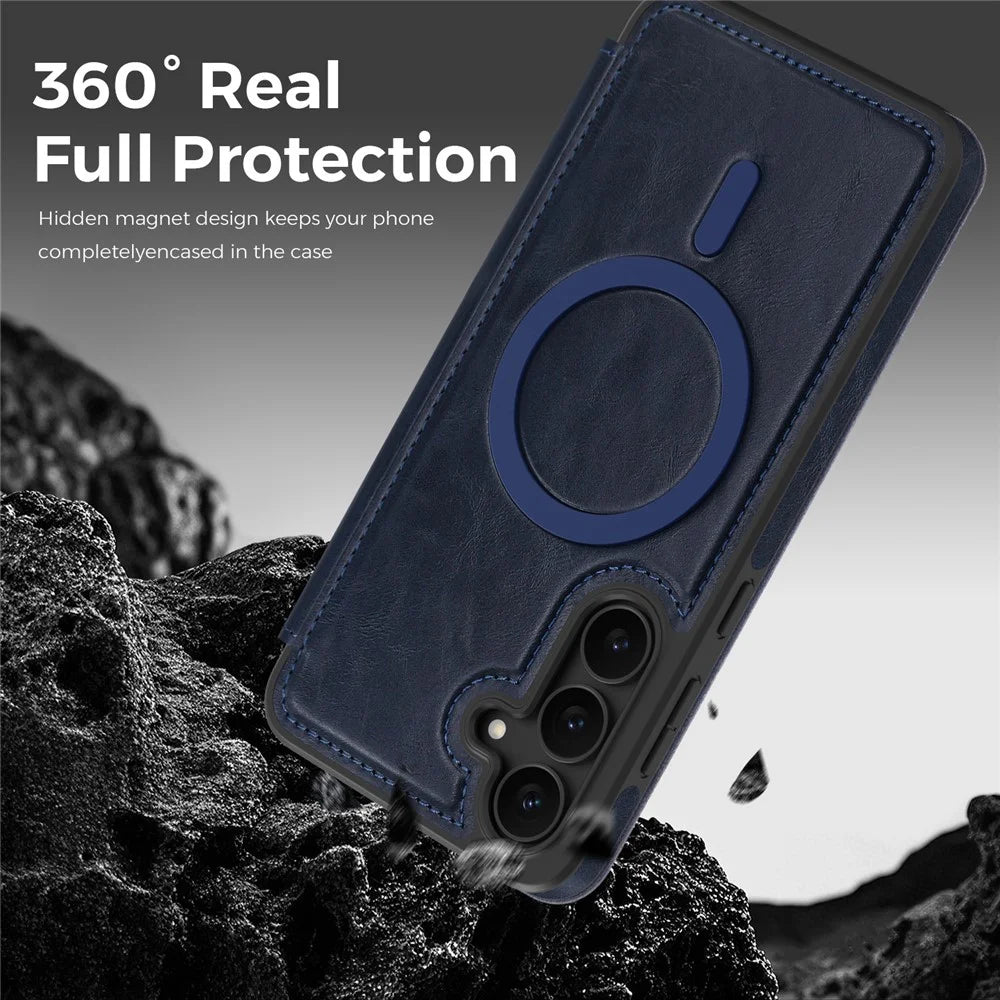 For Samsung Galaxy S25 FE Magnetic Case RFID Blocking Card Holder Leather Phone Cover - Sapphire - 6
