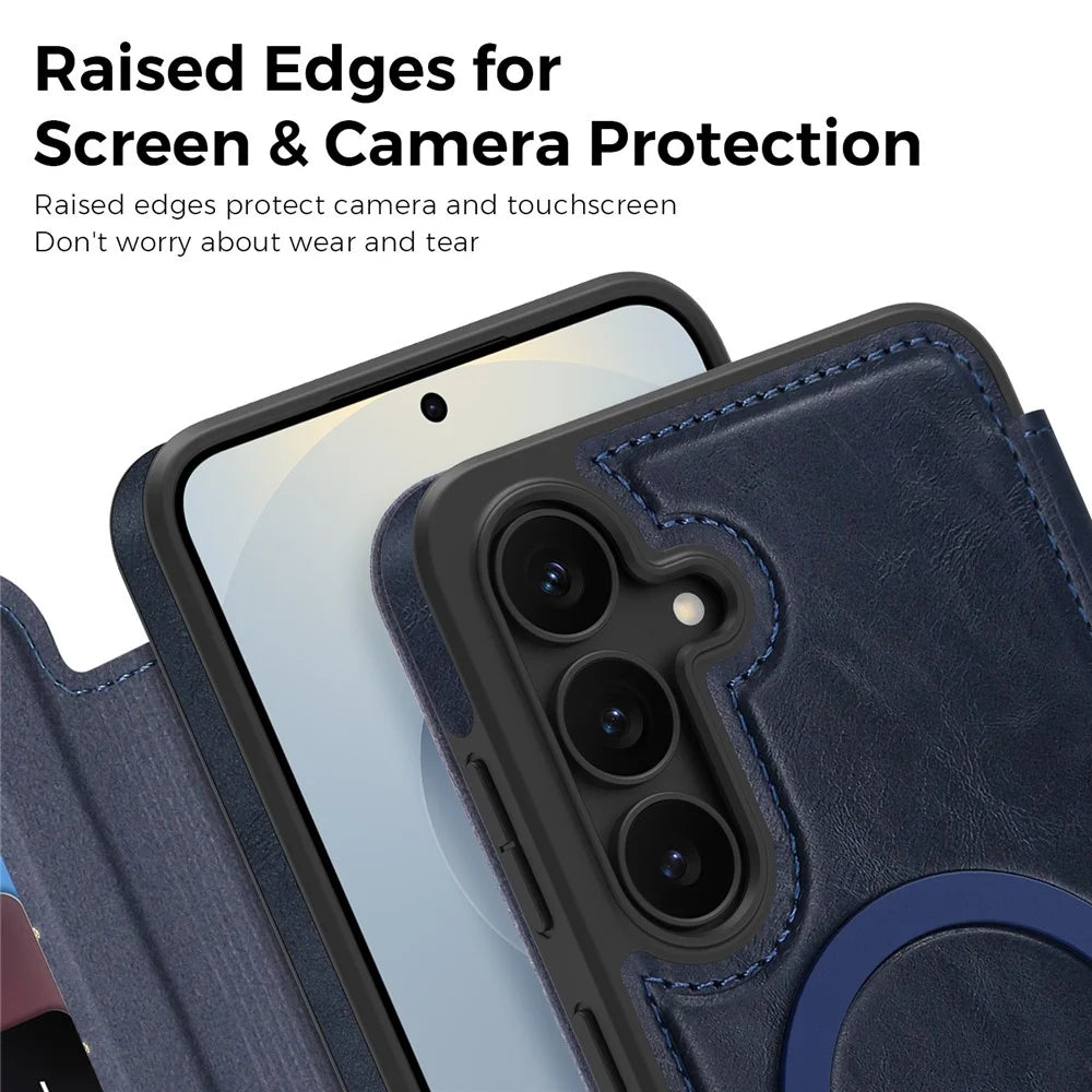 For Samsung Galaxy S25 FE Magnetic Case RFID Blocking Card Holder Leather Phone Cover - Sapphire - 7