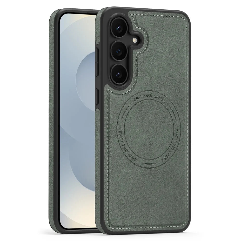 For Samsung Galaxy S25 FE Magnetic Case Leather Back Phone Cover - Blackish Green - 1