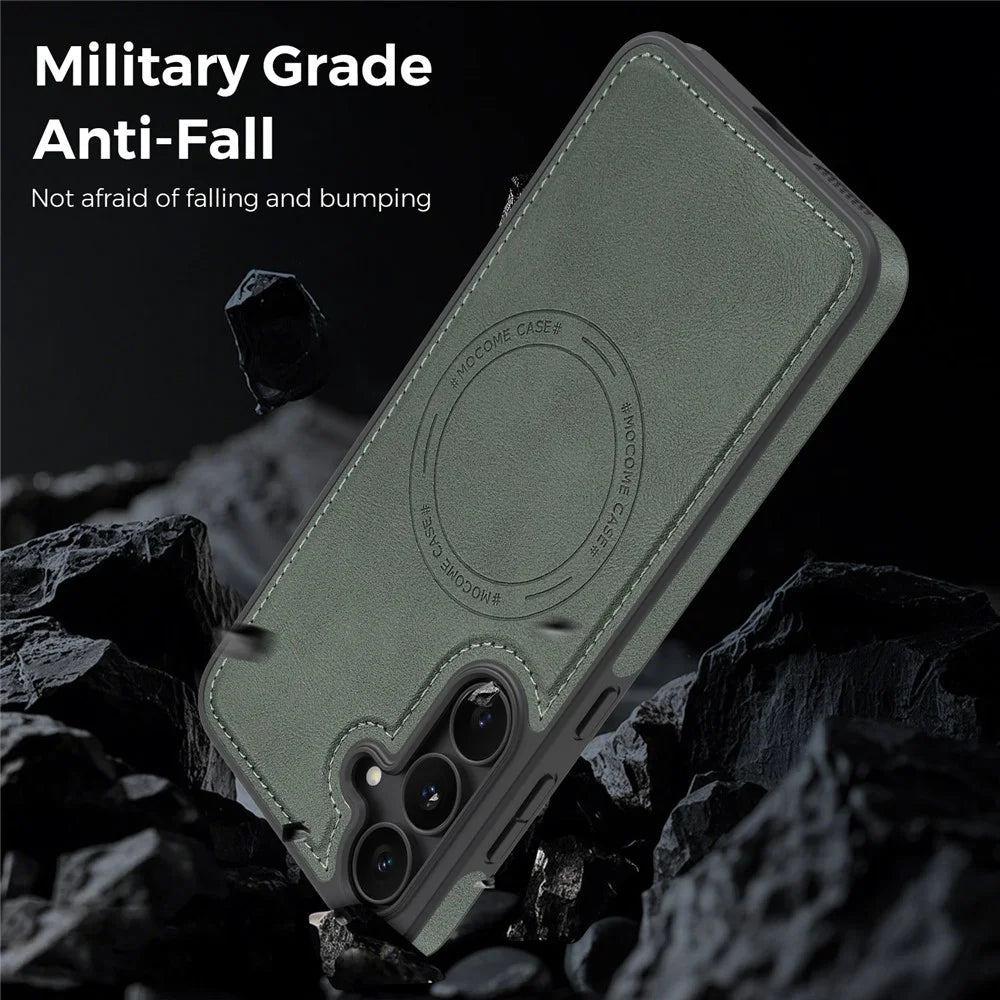 For Samsung Galaxy S25 FE Magnetic Case Leather Back Phone Cover - Blackish Green - 4