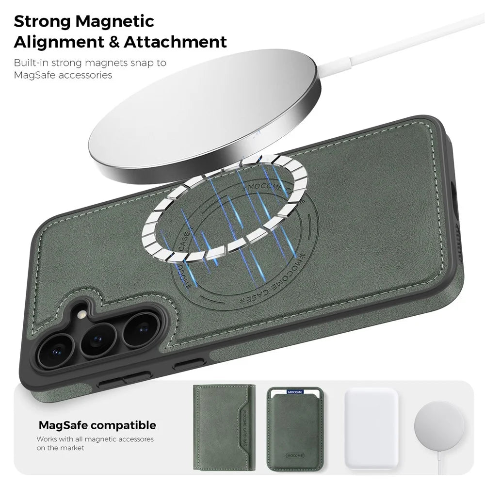 For Samsung Galaxy S25 FE Magnetic Case Leather Back Phone Cover - Blackish Green - 6