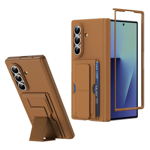 For Samsung Galaxy Z Fold7 5G Case RFID Blocking Card Holder PC Phone Cover with Kickstand - Brown - 1