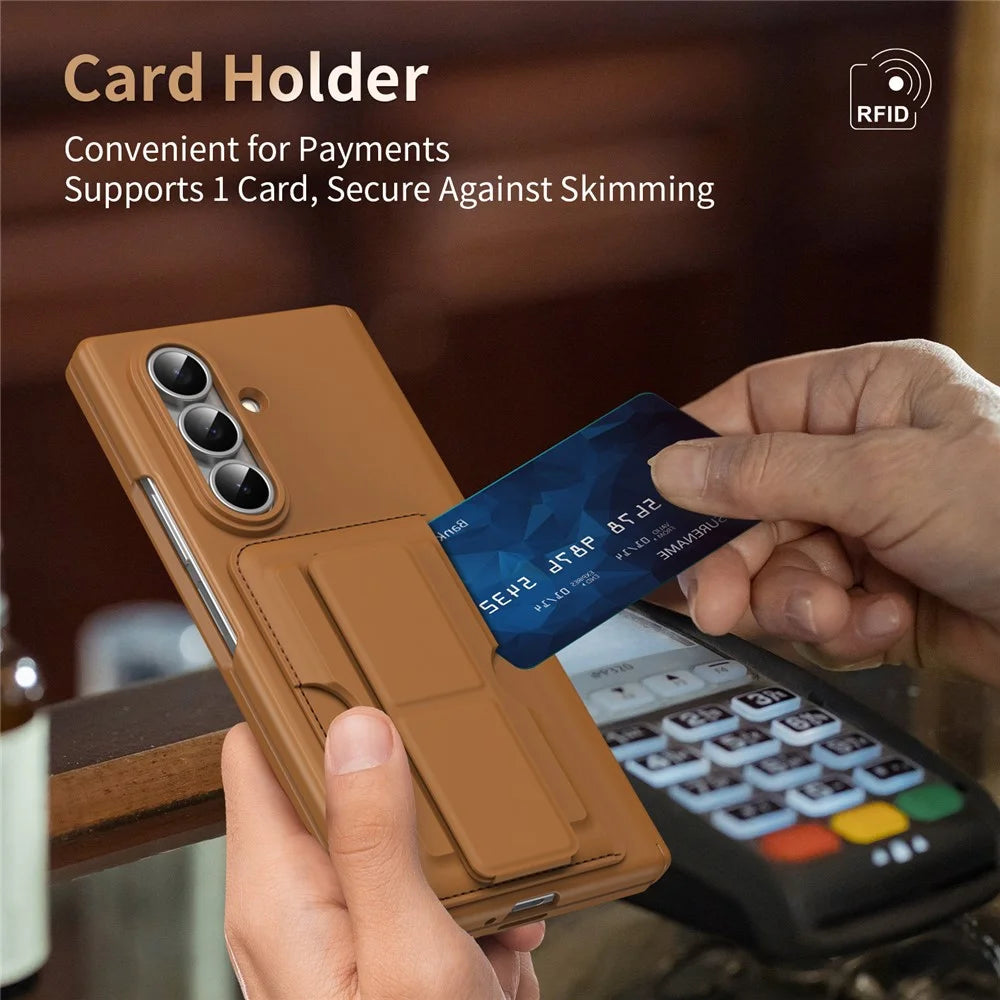 For Samsung Galaxy Z Fold7 5G Case RFID Blocking Card Holder PC Phone Cover with Kickstand - Brown - 3