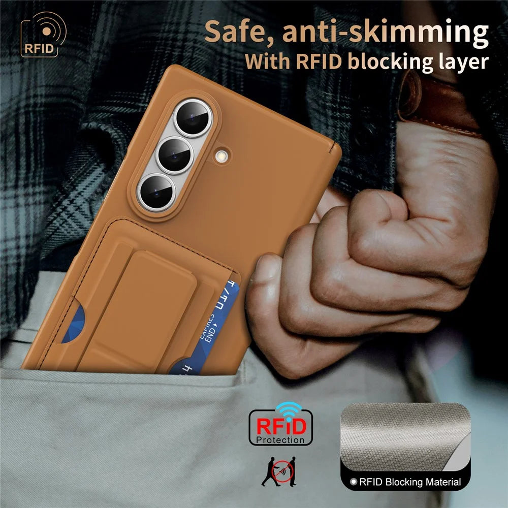 For Samsung Galaxy Z Fold7 5G Case RFID Blocking Card Holder PC Phone Cover with Kickstand - Brown - 4