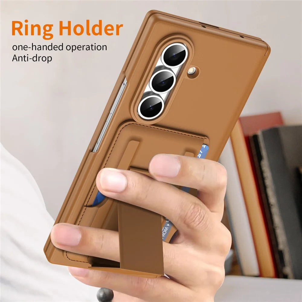 For Samsung Galaxy Z Fold7 5G Case RFID Blocking Card Holder PC Phone Cover with Kickstand - Brown - 5