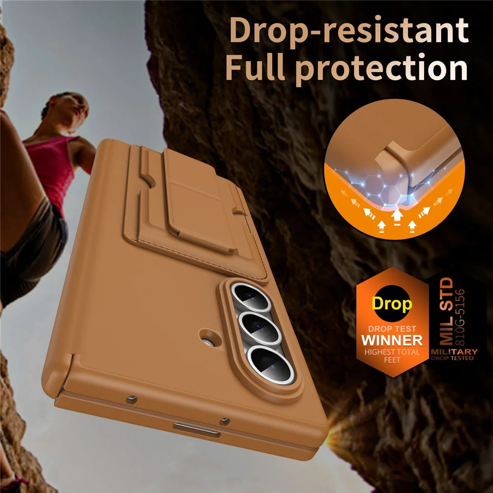 For Samsung Galaxy Z Fold7 5G Case RFID Blocking Card Holder PC Phone Cover with Kickstand - Brown - 7