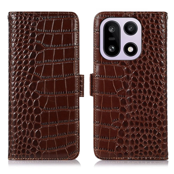 For OnePlus 15 5G Case RFID Blocking Wallet Crocodile Texture Genuine Cow Leather Phone Cover - Brown - 1
