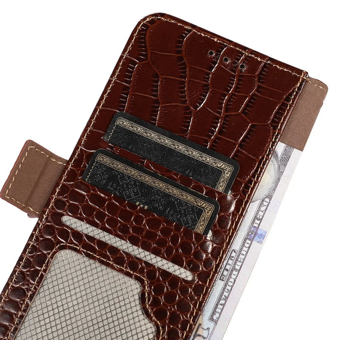 For OnePlus 15 5G Case RFID Blocking Wallet Crocodile Texture Genuine Cow Leather Phone Cover - Brown - 6