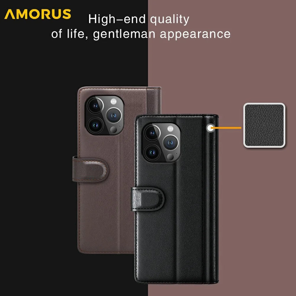 AMORUS For iPhone 13 Pro Max Stand Cases Calf Texture Genuine Split Leather Wallet Phone Cover - Brown - 7