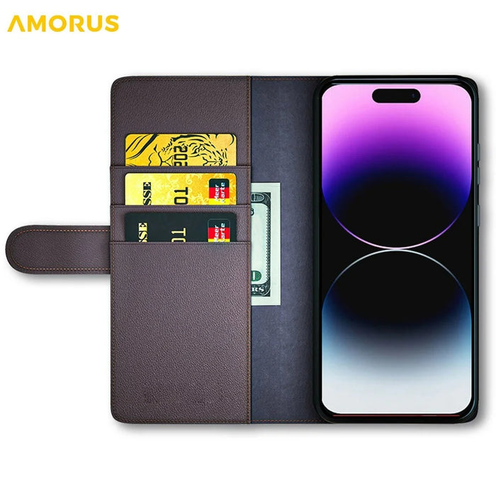 AMORUS For iPhone 13 Pro Stand Cases Calf Texture Genuine Split Leather Wallet Phone Cover - Brown - 2