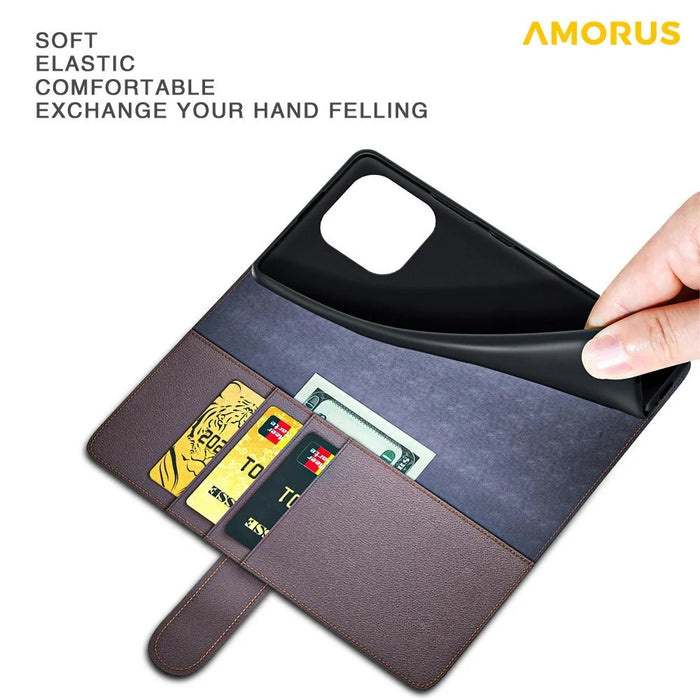 AMORUS For iPhone 13 Pro Stand Cases Calf Texture Genuine Split Leather Wallet Phone Cover - Brown - 5