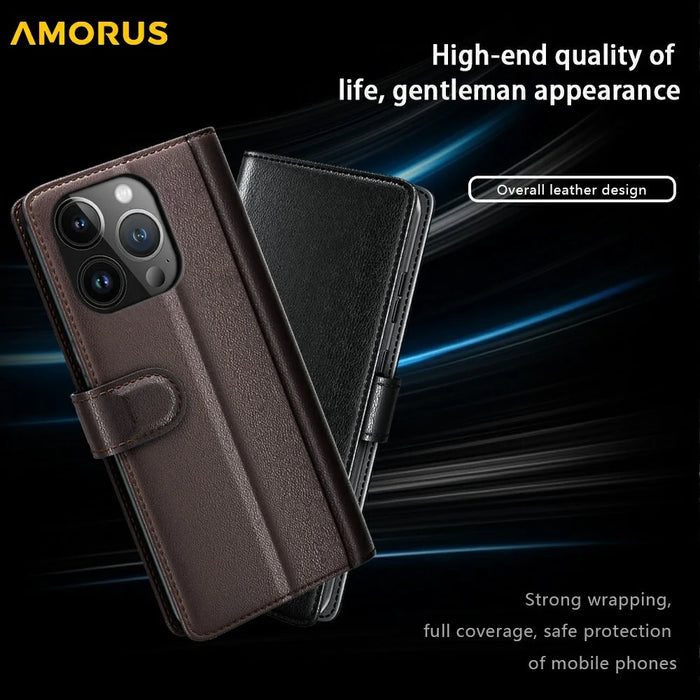 AMORUS For iPhone 13 Pro Stand Cases Calf Texture Genuine Split Leather Wallet Phone Cover - Brown - 6