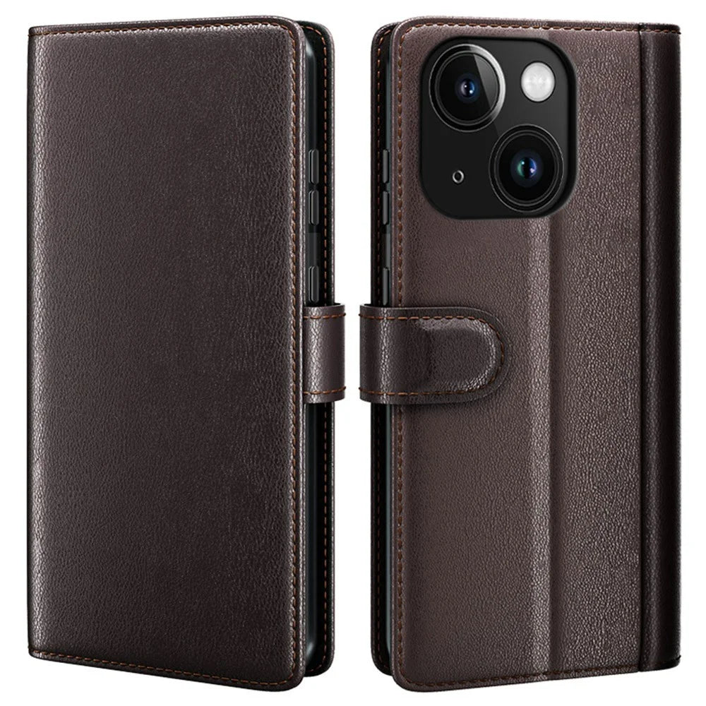 AMORUS For iPhone 14 Stand Cases Calf Texture Genuine Split Leather Wallet Phone Cover - Brown - 1