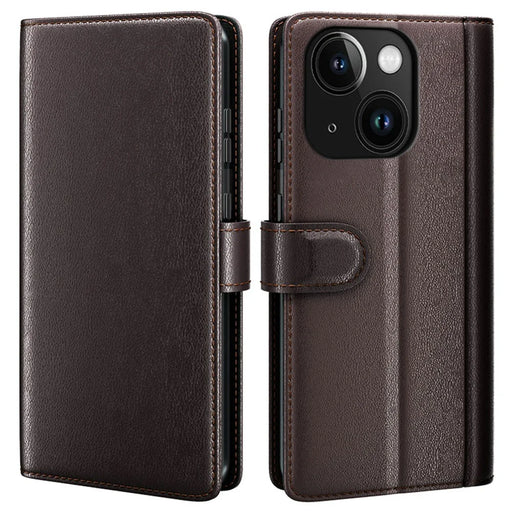 AMORUS For iPhone 14 Stand Cases Calf Texture Genuine Split Leather Wallet Phone Cover - Brown - 1